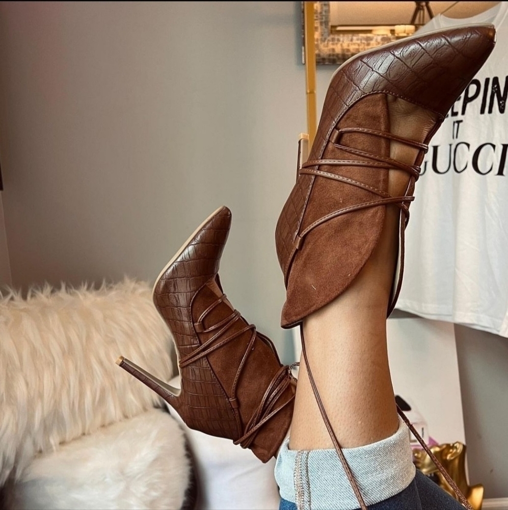 BROWN, croc print, lace tie bootie, 4 inches - Picture 2 of 3
